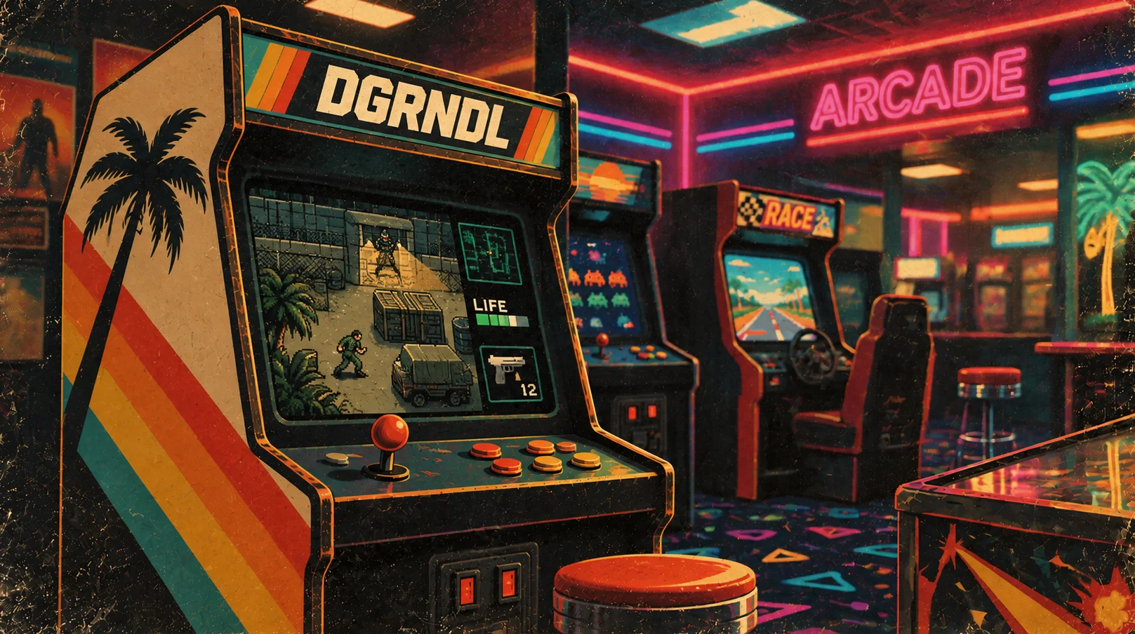 DGRNDL arcade cabinet in a retro arcade